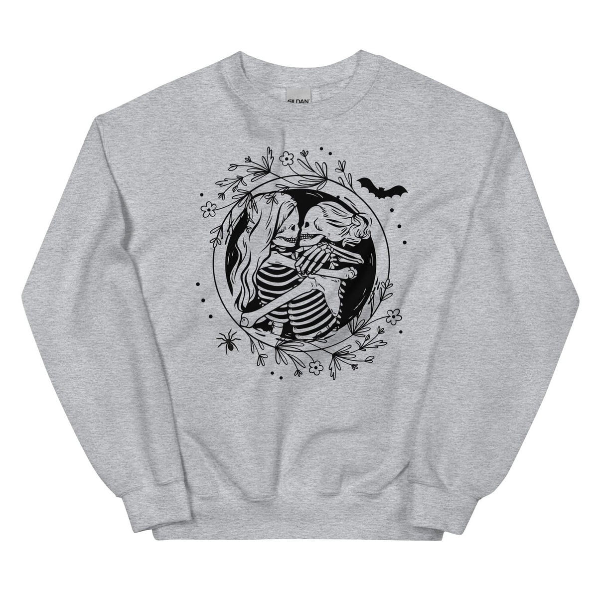 Gray sweatshirt with a black and white lesbian graphic design on a white background