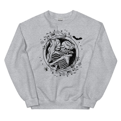 Gray sweatshirt with a black and white lesbian graphic design on a white background