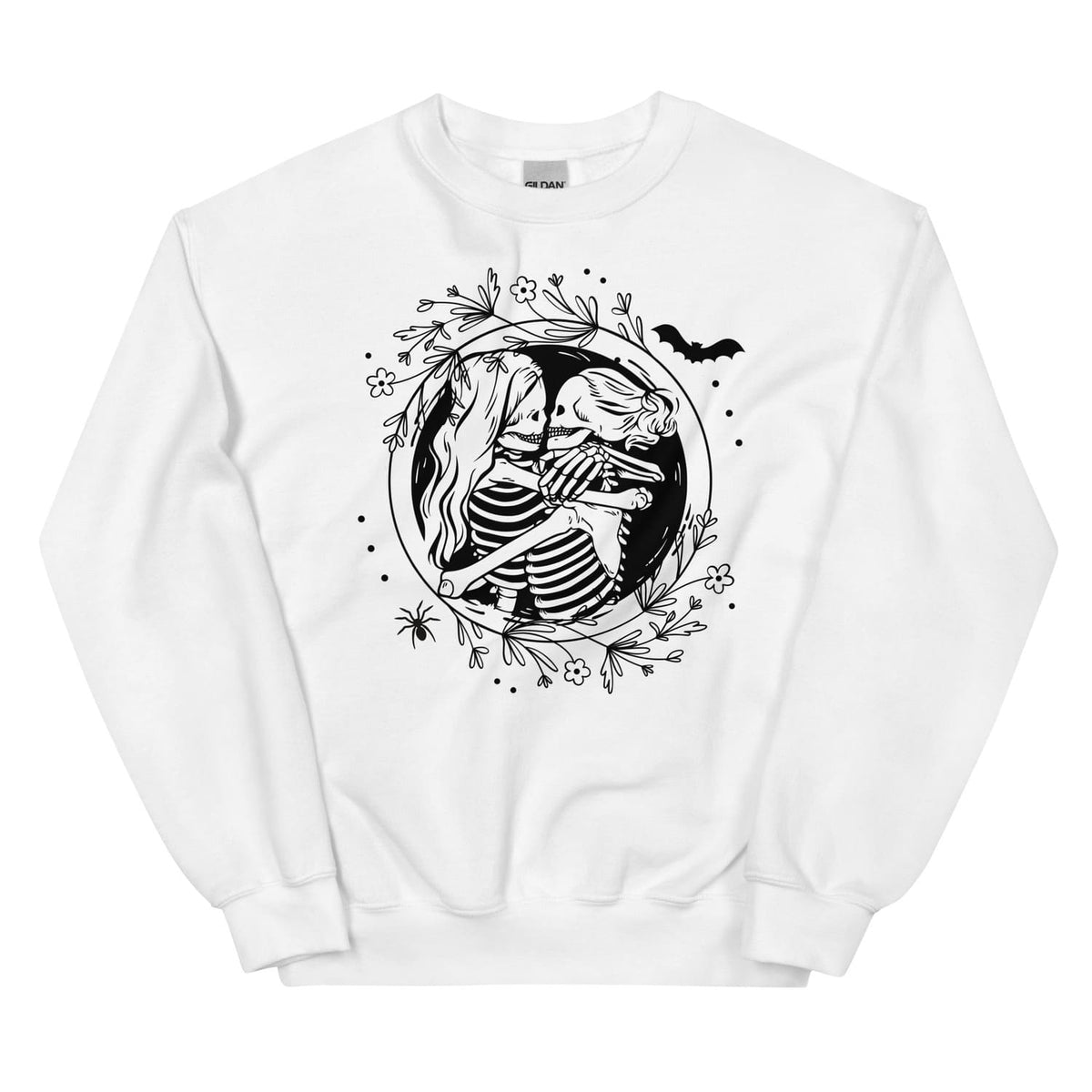 White sweatshirt with a black skeleton lesbian couple design on a white background
