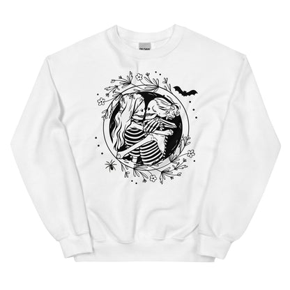 White sweatshirt with a black skeleton lesbian couple design on a white background