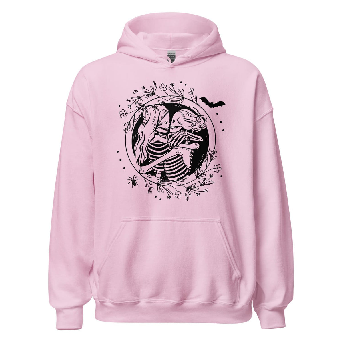 Pink hoodie with hugging lesbian skeleton couple design on a white background