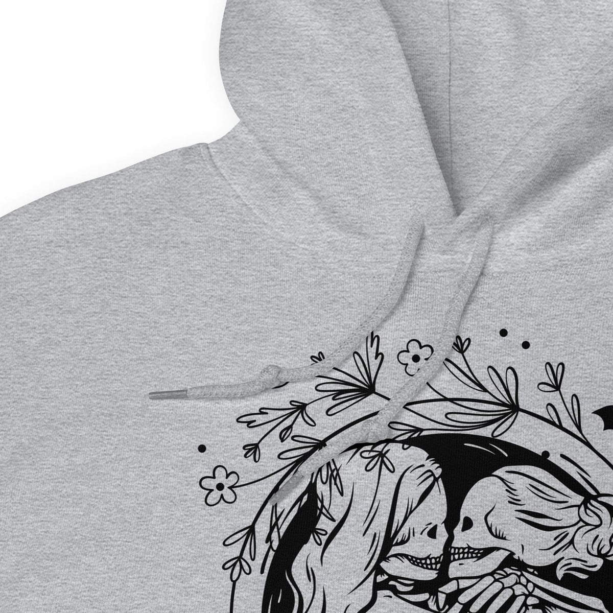 Gray hoodie with a black and white illustration of a lesbian skeleton couple embracing