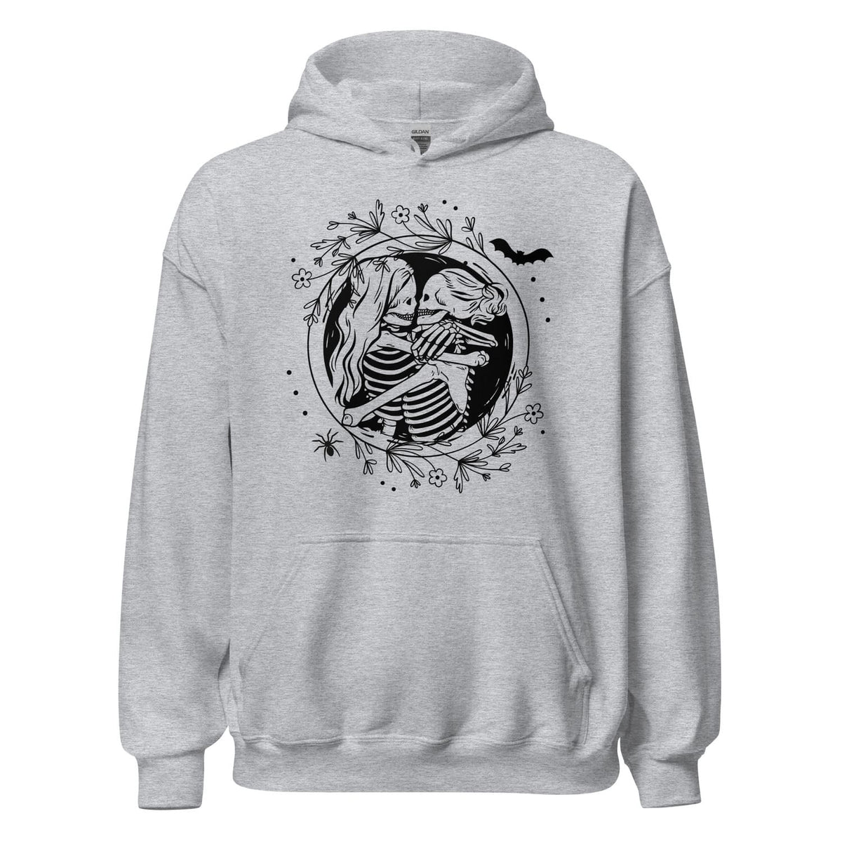 Gray hoodie with a black skeleton lesbian couple design on a white background