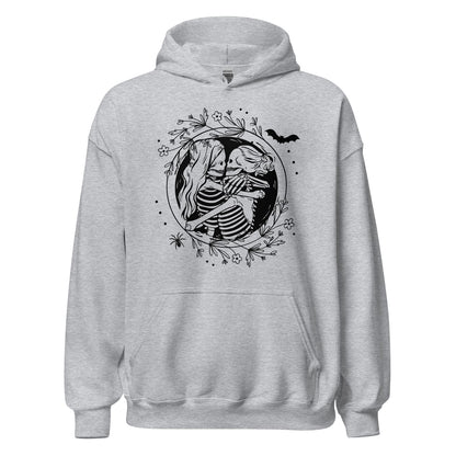 Gray hoodie with a black skeleton lesbian couple design on a white background