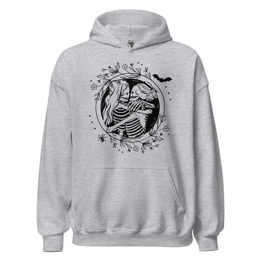 Gray hoodie with a black skeleton lesbian couple design on a white background