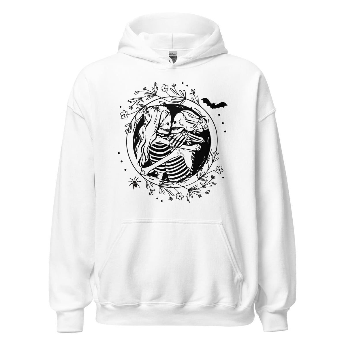 White hoodie with hugging lesbian skeleton couple  design on a white background
