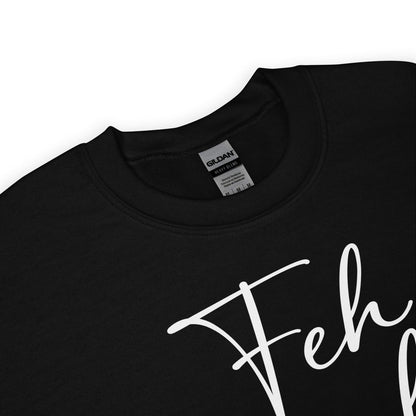 Black feminist sweatshirt with white text and Gildan label on a white background