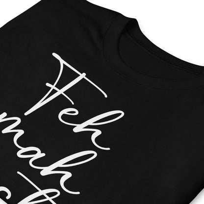 Black feminist t-shirt with white cursive text on a white background