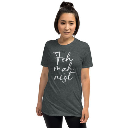 Person wearing a dark gray feminist  t-shirt with text on a white background