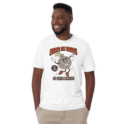 Man wearing a white t-shirt with a cartoon character and text on a white background: Funny Overstimulated Shirt, Sarcastic Mental Health Tee, Retro Y2K Meme T-Shirt, Snarky Neurospicy Anxiety Gift, Hang In There It Gets Worse