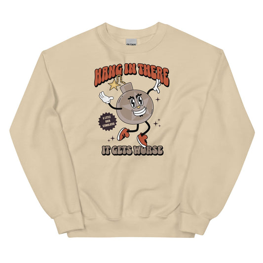 Beige mental health sweatshirt with cartoon character and text on a white background