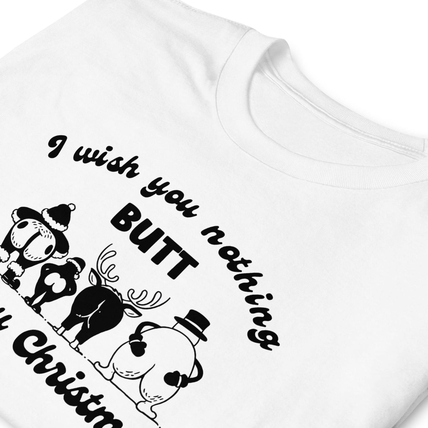 White shirt with black text and christmas cartoon characters on a white background