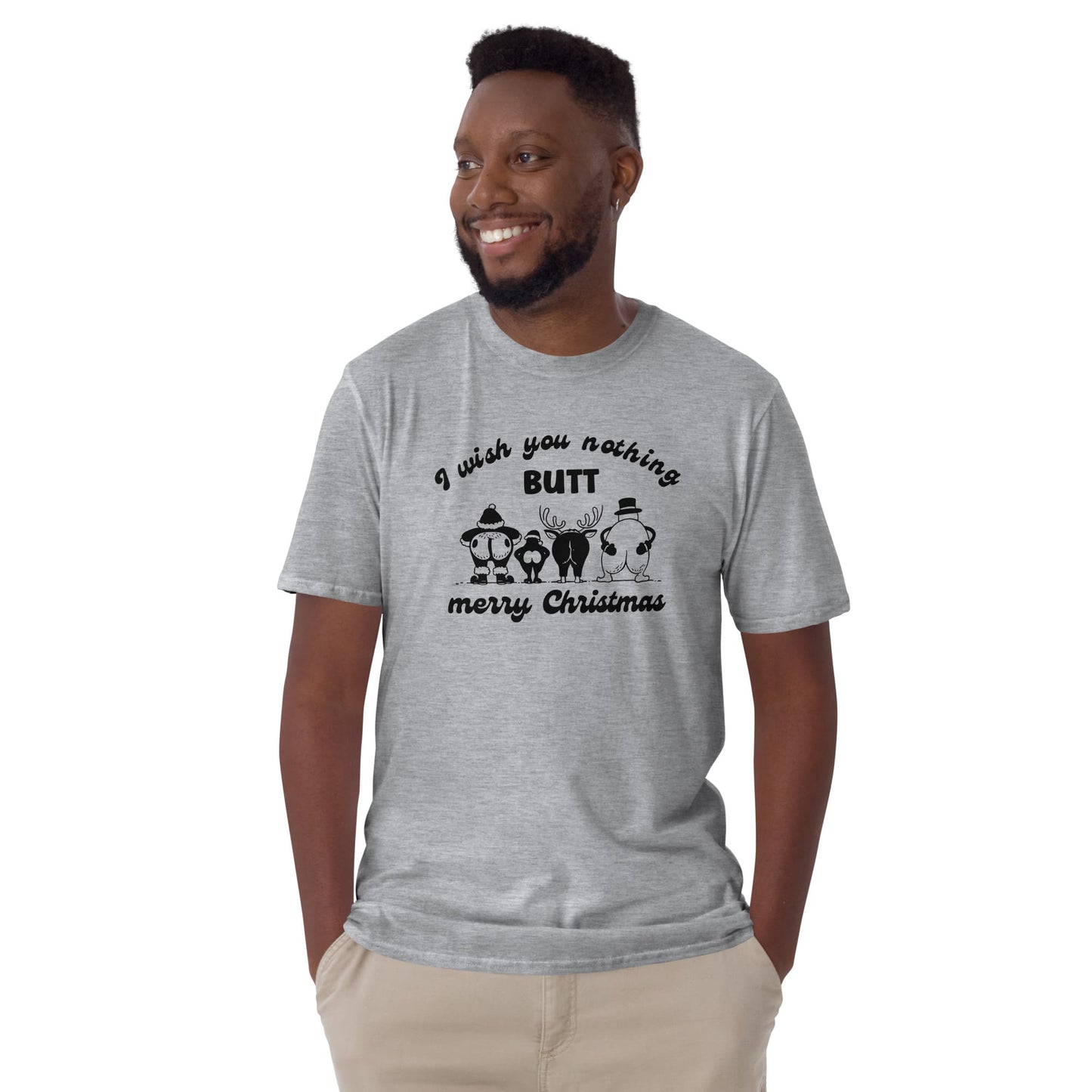 Man wearing a gray t-shirt with a humorous Christmas design on a white background