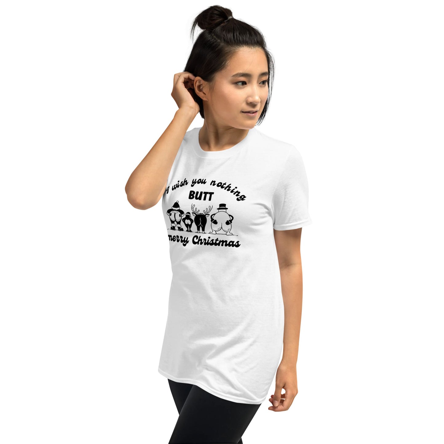 Person wearing a white t-shirt with a graphic and text on a white background