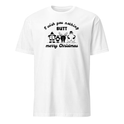 White t-shirt with black text and funny christmas design on a white background