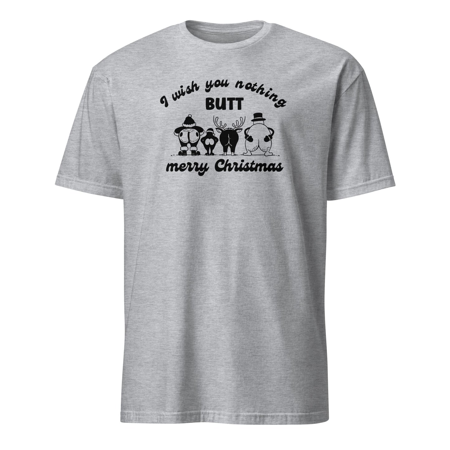 Gray t-shirt with Christmas-themed graphic and text on a white background