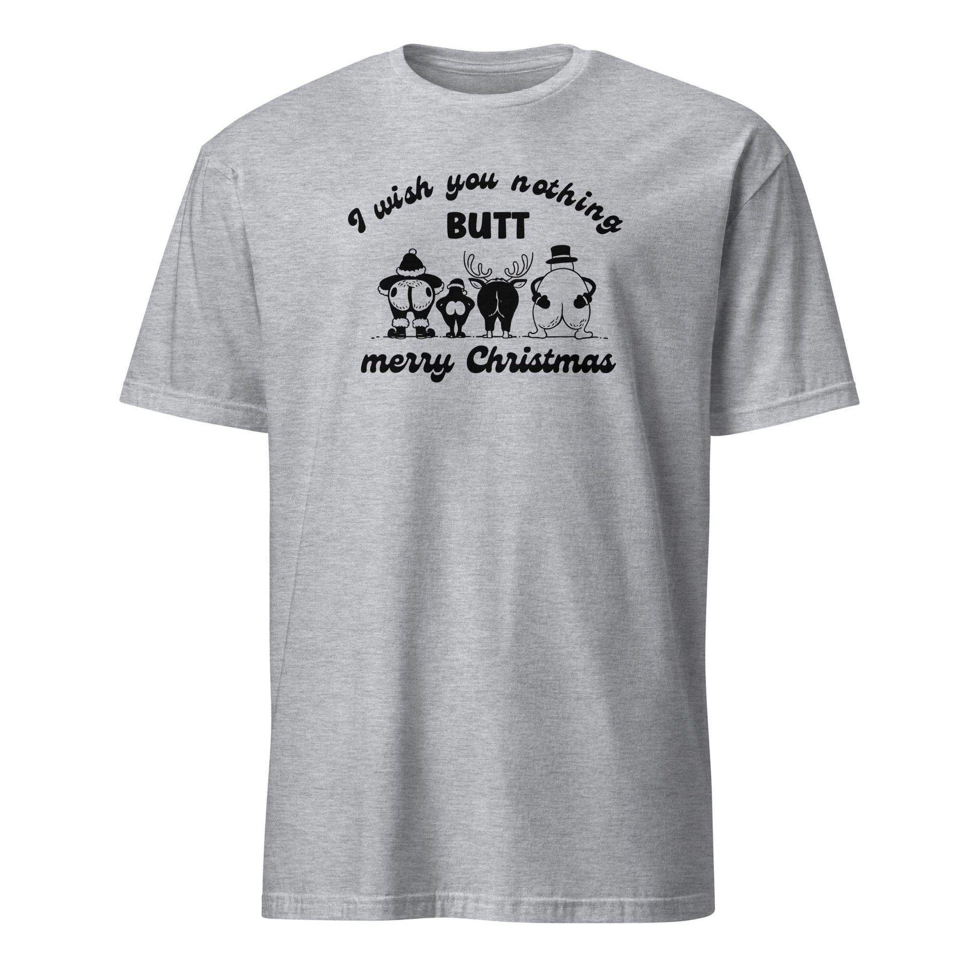 Gray t-shirt with Christmas-themed graphic and text on a white background