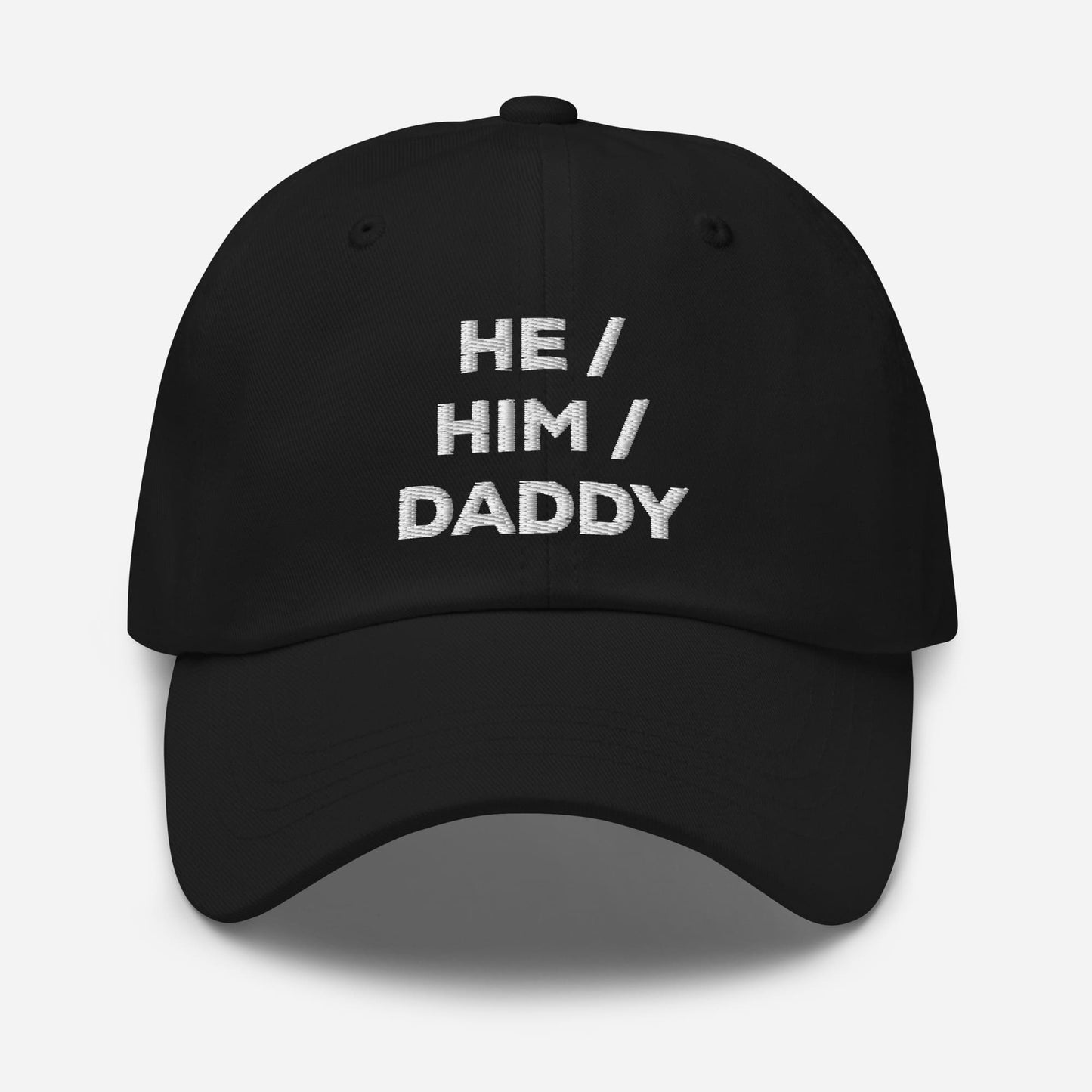 gay hat, embroidered mlm he him daddy pronouns cap, black