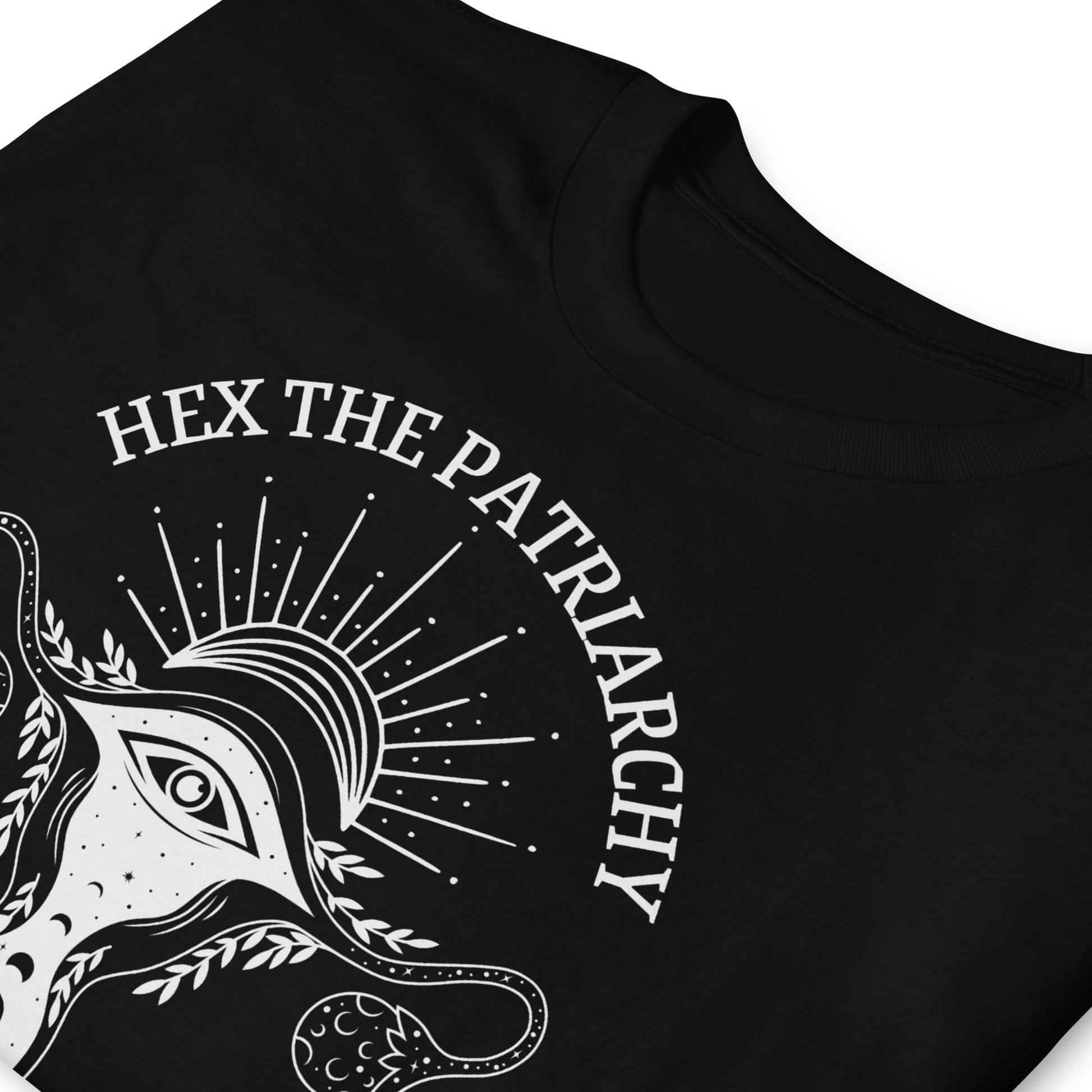 Black t-shirt with white graphic design and text 'Hex the Patriarchy' on a white background