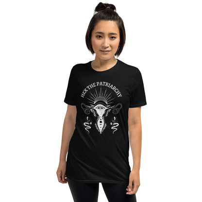 Person wearing a black t-shirt with a graphic design and text on a white background