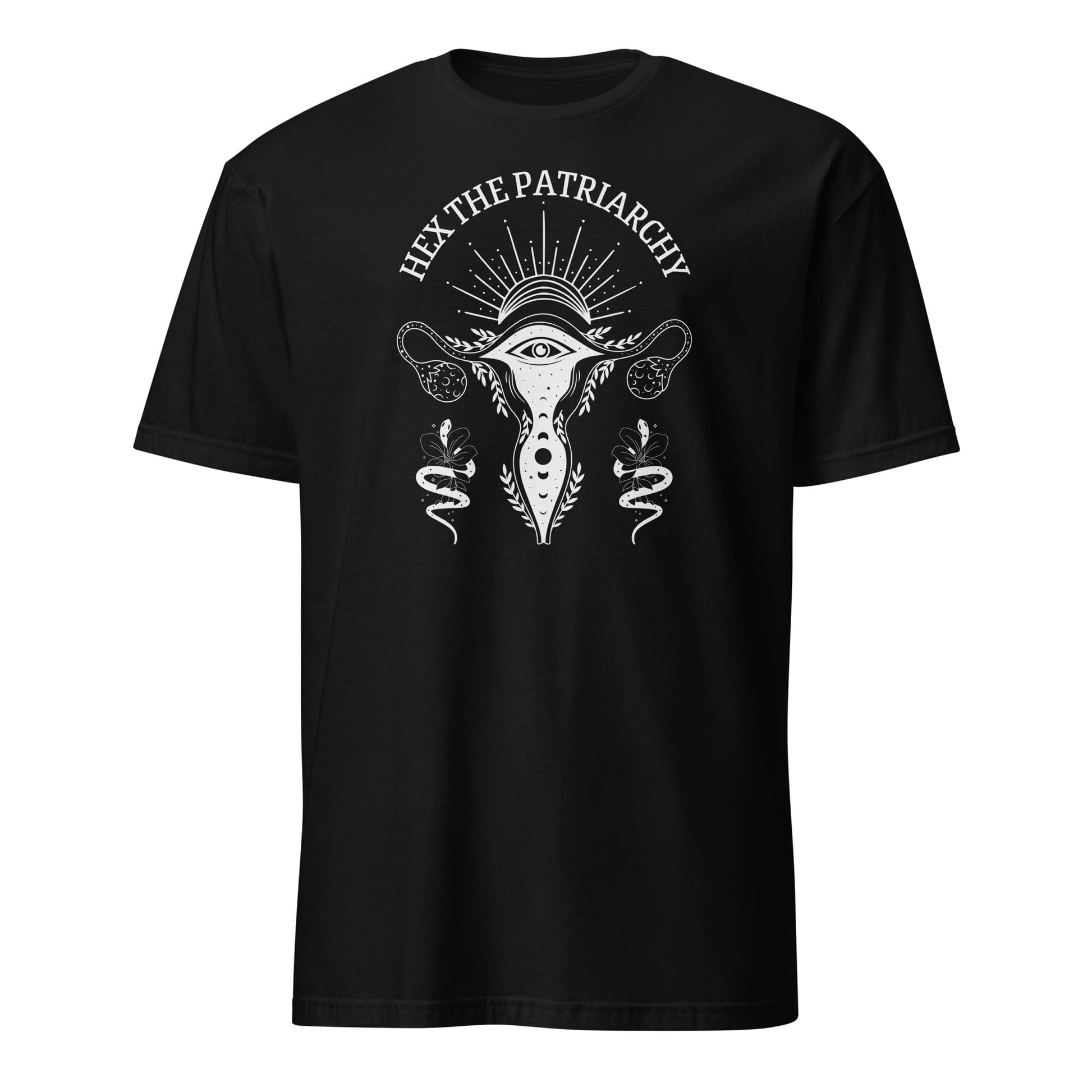 Black t-shirt with white graphic design and text 'Hex the Patriarchy' on a white background