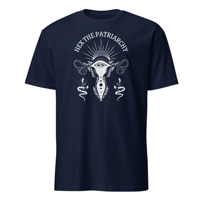 Navy blue t-shirt with white graphic design and text on a white background