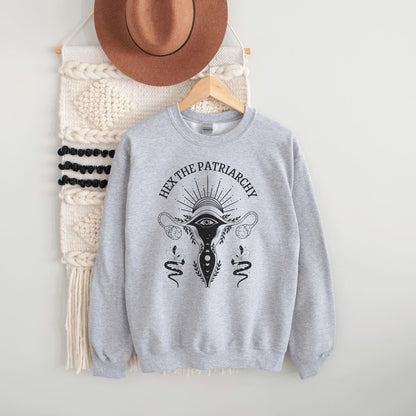 hex the patriarchy feminist sweatshirt, grey, hanging