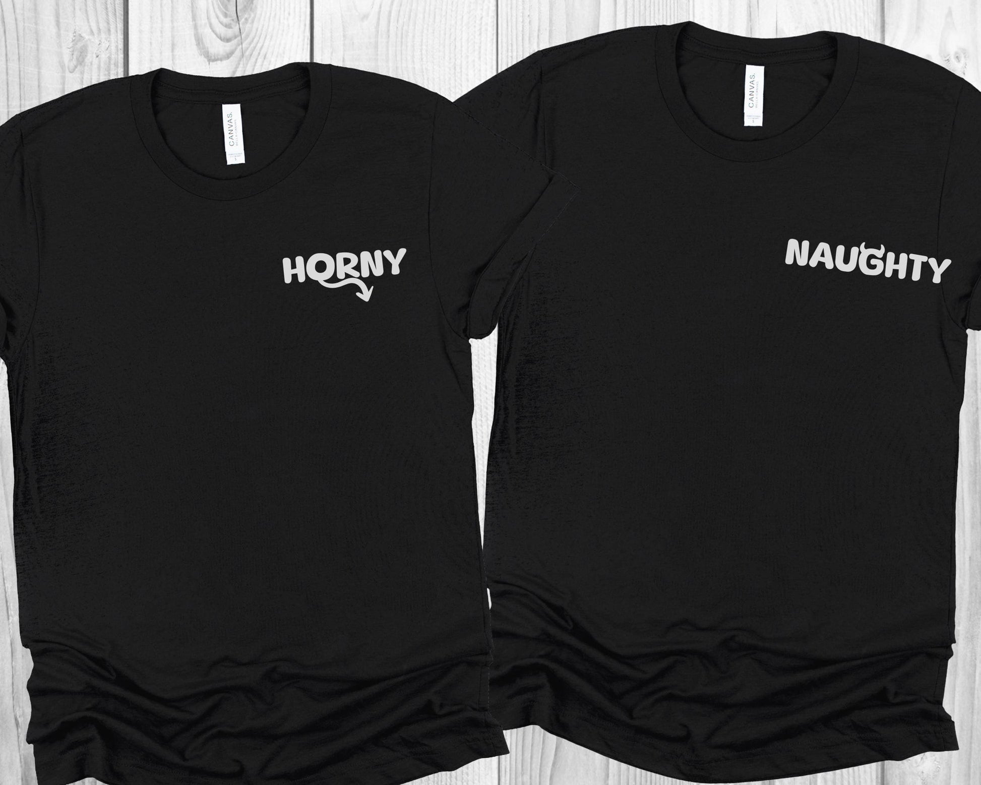 Two black t-shirts with 'HORNY' and 'NAUGHTY' text on a wooden surface: Funny Adult Humor Couple Matching Shirts, Inappropriate Gag Gift, Rude Unhinged Matching Tees, Offensive T-Shirts, Pocket Design Shirts