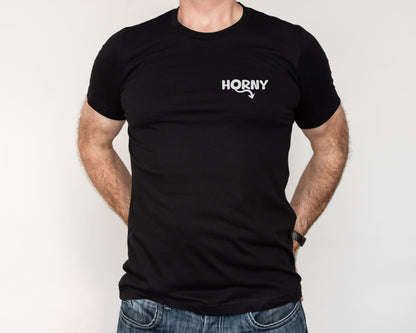 Person wearing a black t-shirt with 'HORNY' printed on it against a white background: Funny Adult Humor Couple Matching Shirts, Inappropriate Gag Gift, Rude Unhinged Matching Tees, Offensive T-Shirts, Pocket Design Shirts