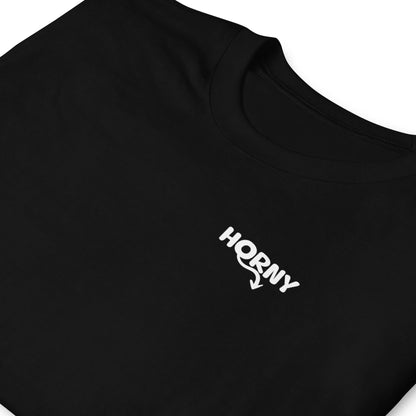 Black t-shirt with 'HORNY' logo on a white background: Funny Adult Humor Couple Matching Shirts, Inappropriate Gag Gift, Rude Unhinged Matching Tees, Offensive T-Shirts, Pocket Design Shirts