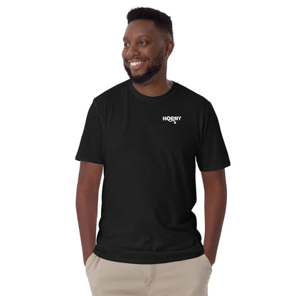 Man wearing a black t-shirt with 'Horny' logo on a white background: Funny Adult Humor Couple Matching Shirts, Inappropriate Gag Gift, Rude Unhinged Matching Tees, Offensive T-Shirts, Pocket Design Shirts