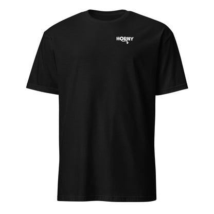 Black t-shirt with 'Horny' logo on a white background: Funny Adult Humor Couple Matching Shirts, Inappropriate Gag Gift, Rude Unhinged Matching Tees, Offensive T-Shirts, Pocket Design Shirts