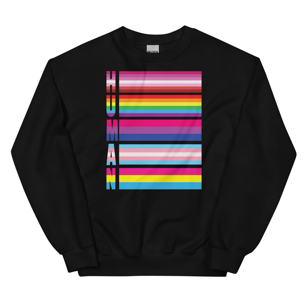 Black LGBTQ sweatshirt with colorful 'HUMAN' pride flags design on a white background