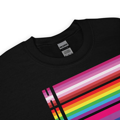 Black pride flags LGBT sweatshirt with colorful striped design on a white background
