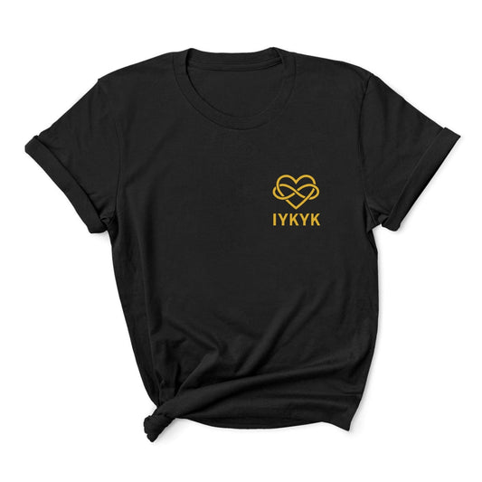 Black t-shirt with gold ENM logo and text on a white background: Subtle Polyamory Shirt, Funny Open Relationship Tee, Polyamorous Pride T-Shirt, Non Monogamy, Polycule Gift For Big Middle Little Spoon