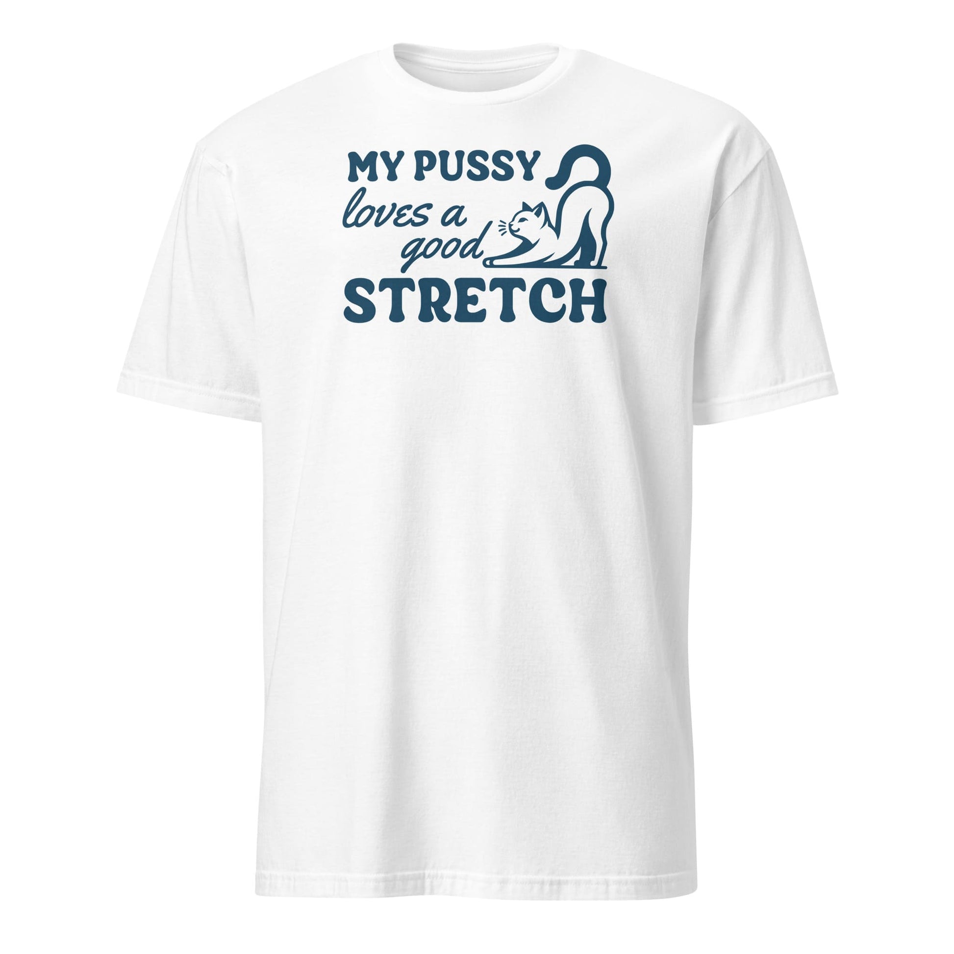 White t-shirt with blue graphic and text on a white background: Inappropriate Womens Shirt, Rude Unhinged Tee, Funny Gag Gift, Offensive Meme T-Shirt, Adult Humor Shirt, My Pussy Loves A Good Stretch