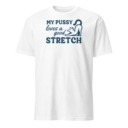 White t-shirt with blue graphic and text on a white background: Inappropriate Womens Shirt, Rude Unhinged Tee, Funny Gag Gift, Offensive Meme T-Shirt, Adult Humor Shirt, My Pussy Loves A Good Stretch