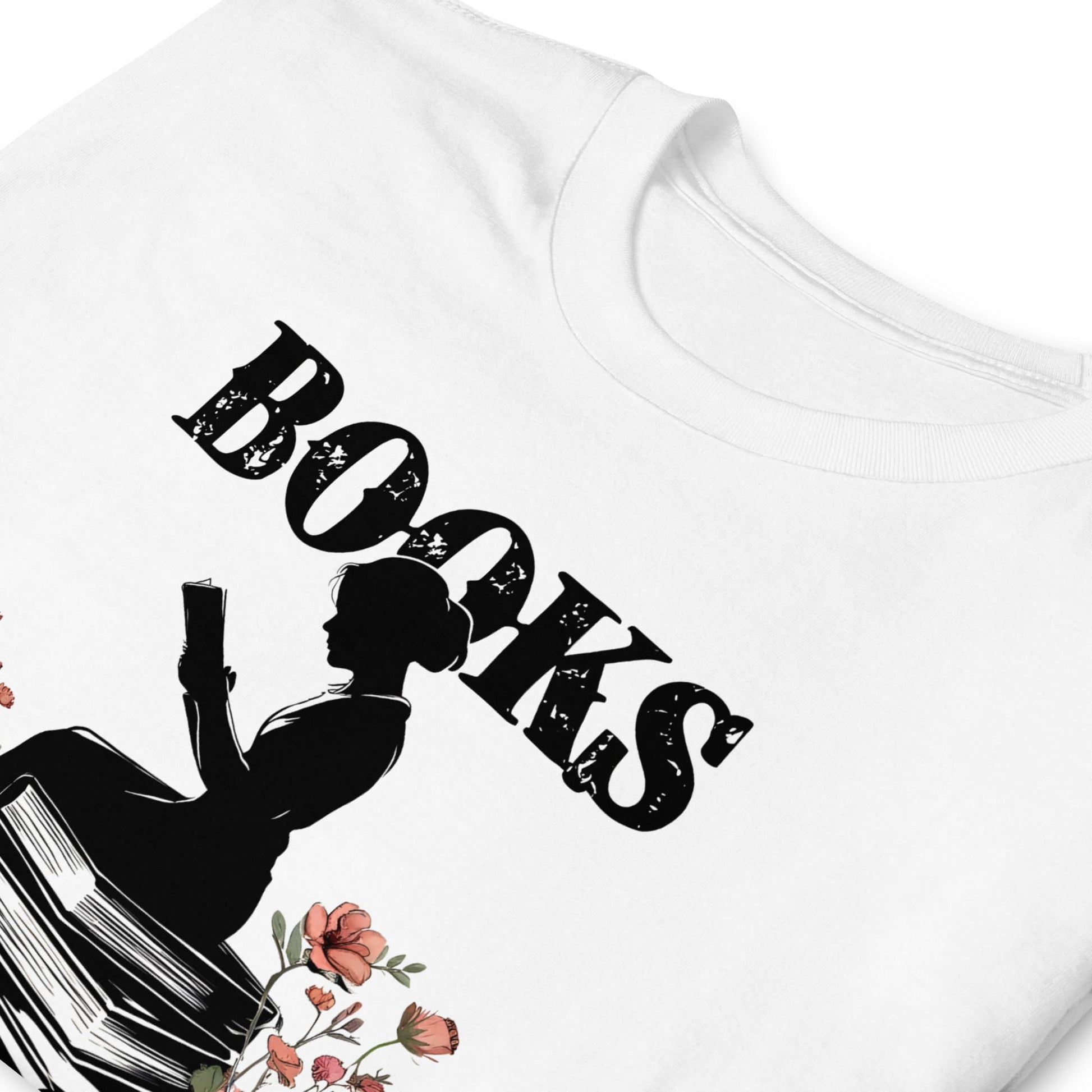 White t-shirt with black silhouette of an introvert person reading a book 