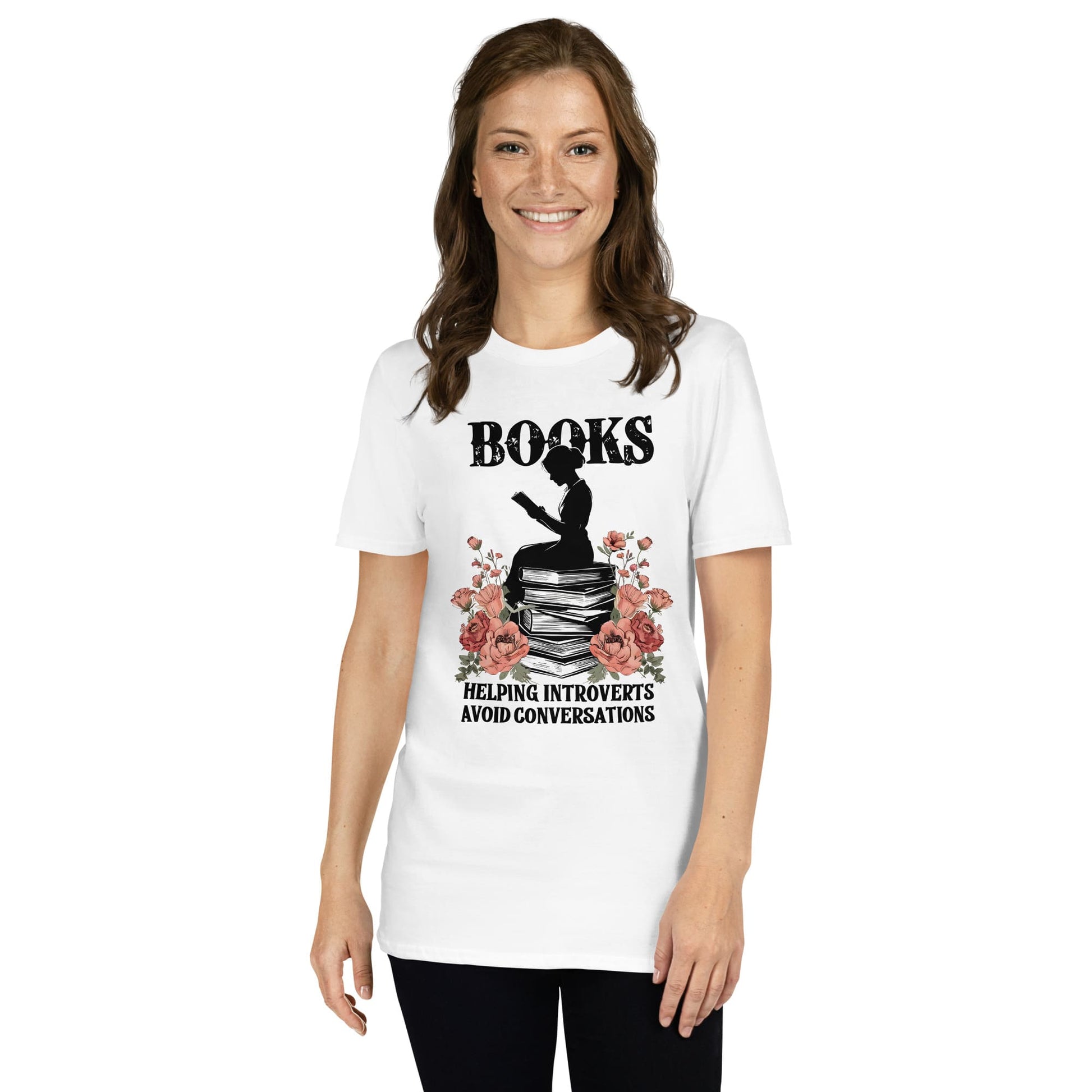 Woman wearing a bookish white t-shirt for introverts
