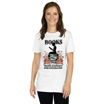 Woman wearing a bookish white t-shirt for introverts