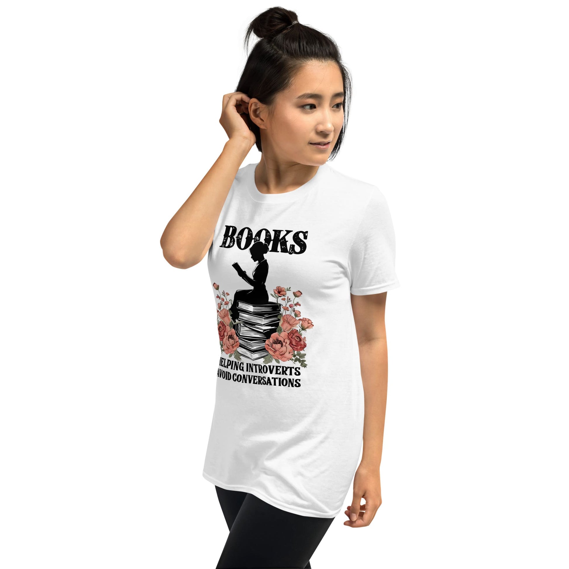 Woman wearing a white t-shirt for introvert book lovers