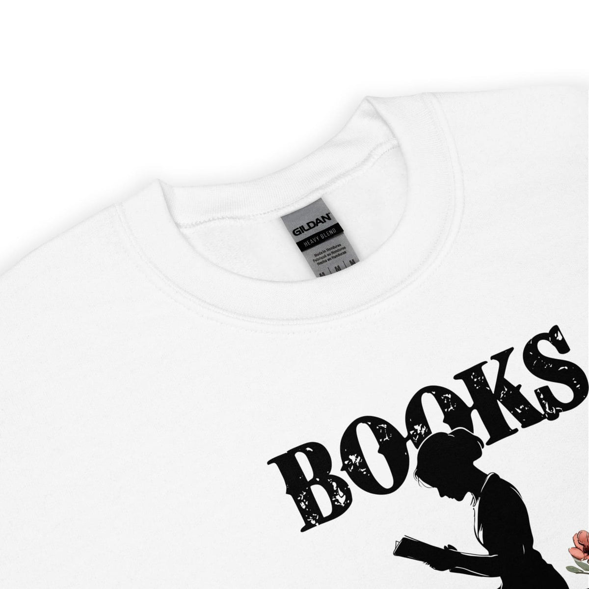White sweatshirt with 'BOOKS' and silhouette design on a white background