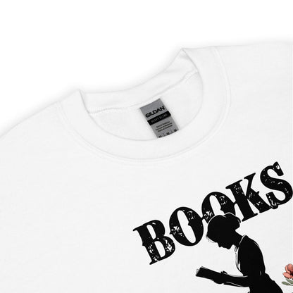 White sweatshirt with 'BOOKS' and silhouette design on a white background
