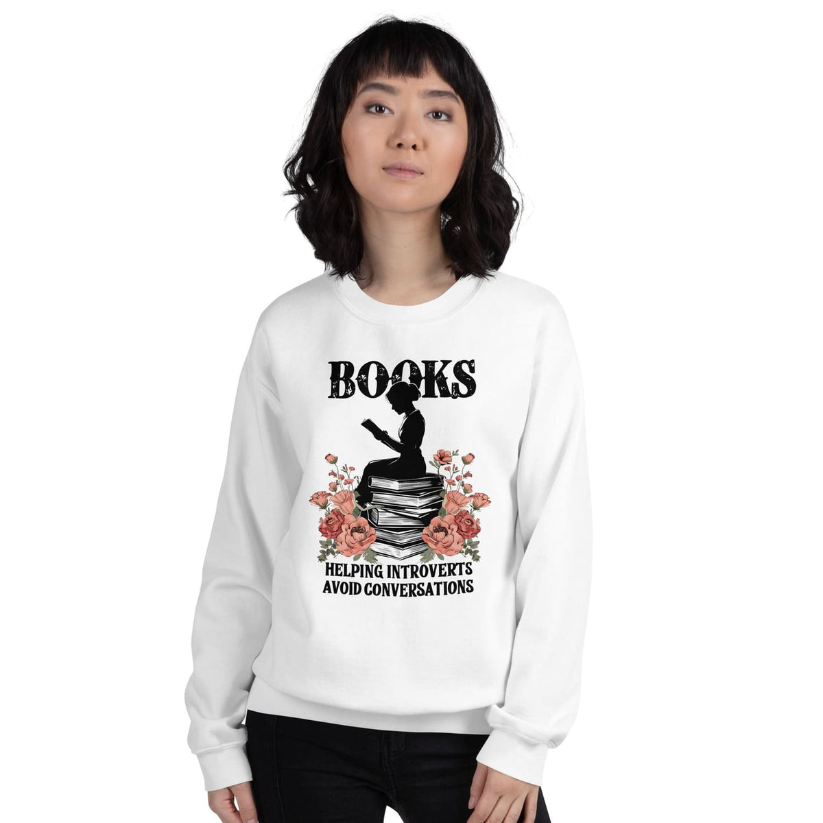 Book lover wearing a white sweatshirt with a graphic bookish design and text on a white background