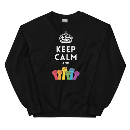 LGBTQ pride sweatshirt with 'Keep Calm and gay rights' text and colorful raised fists design on a white background
