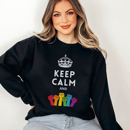 Person wearing a black LGBT pride sweatshirt with 'Keep Calm and gay rights' and rainbow-fisted design.