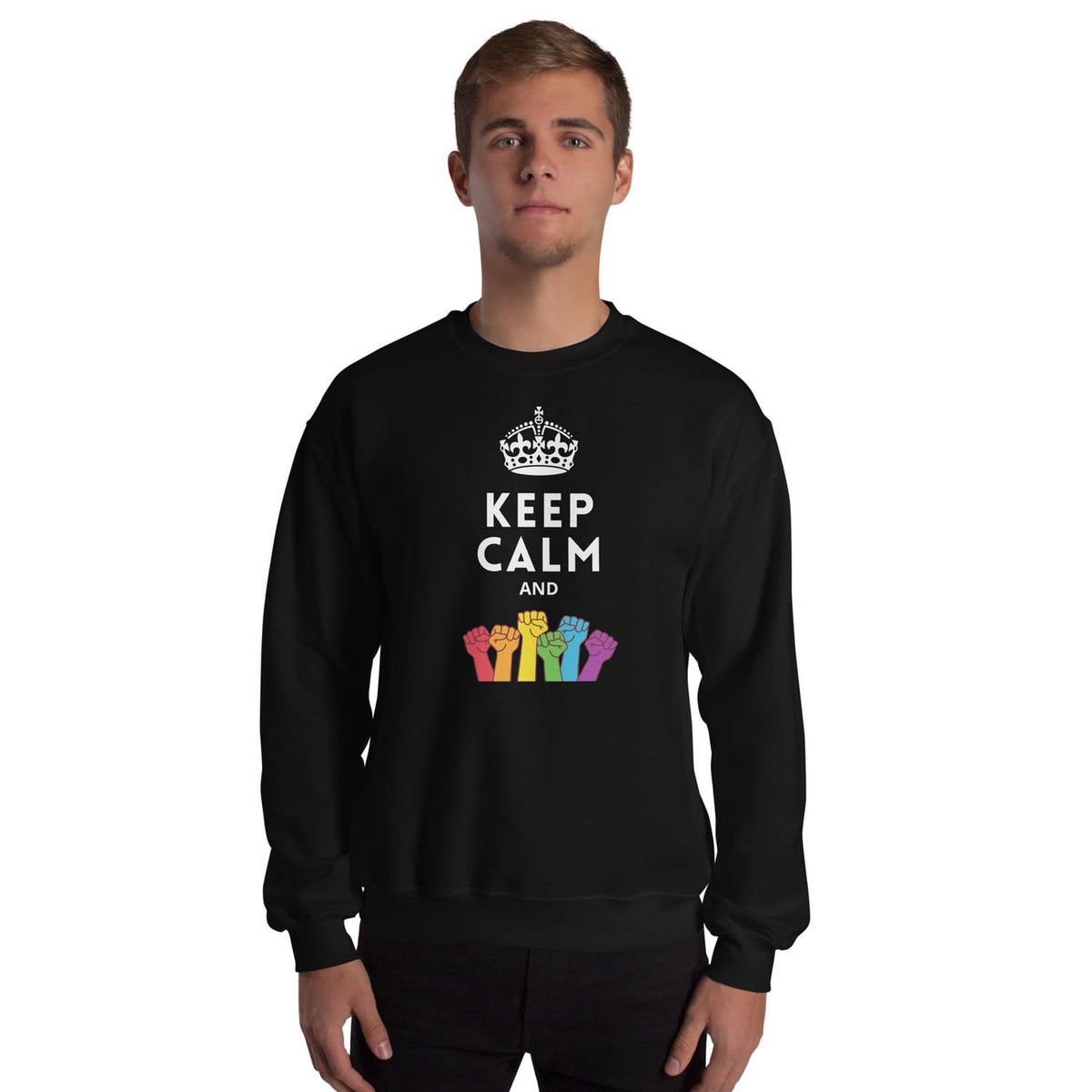 Person wearing a black pride LGBT sweatshirt with 'Keep Calm and gay rights' text and rainbow fist graphics on a white background