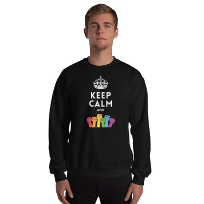 Person wearing a black pride LGBT sweatshirt with 'Keep Calm and gay rights' text and rainbow fist graphics on a white background