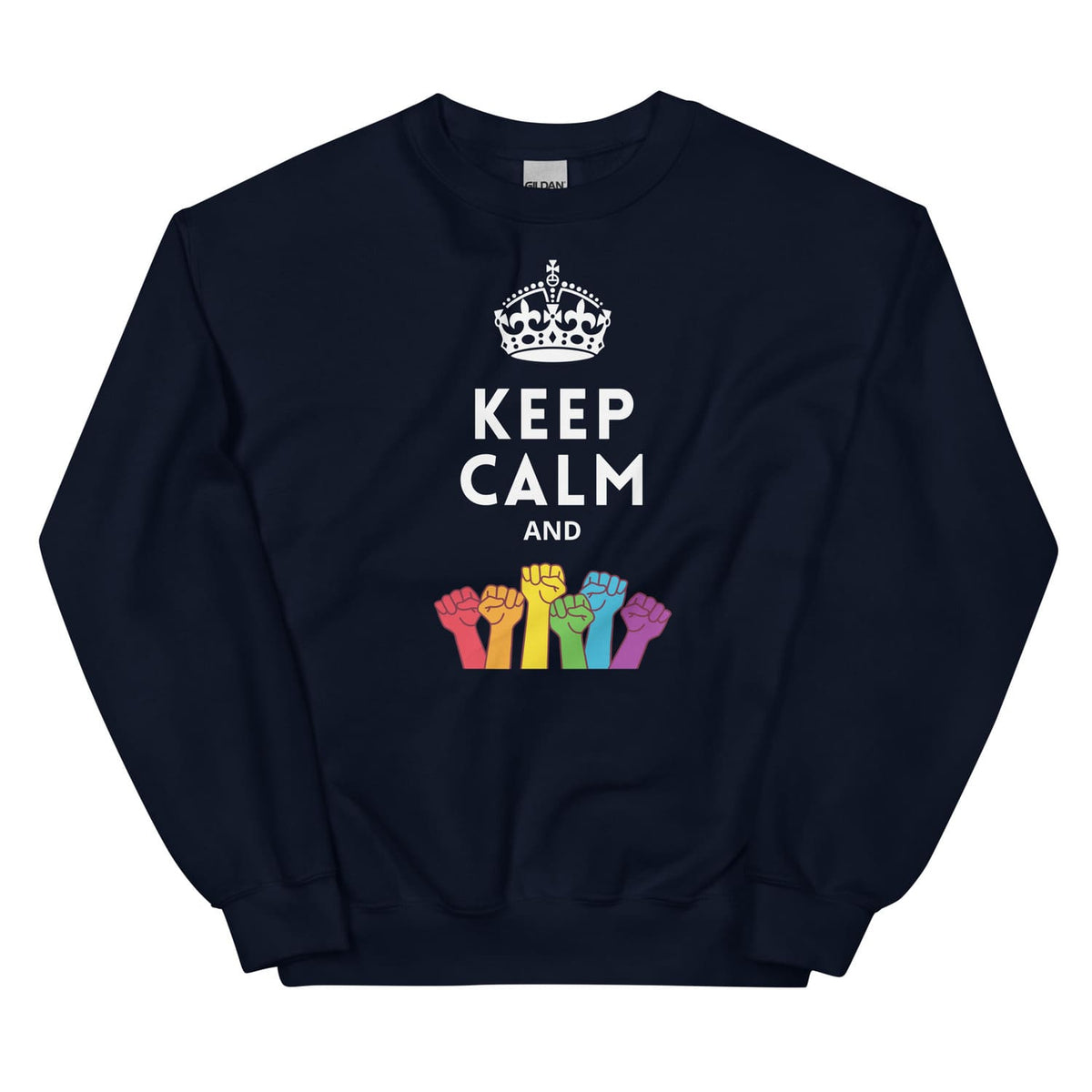 Pride sweatshirt with 'Keep Calm and gay rights' text and rainbow-colored fists design on a white background