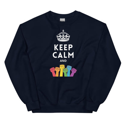 Pride sweatshirt with 'Keep Calm and gay rights' text and rainbow-colored fists design on a white background